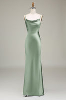 Laden Sie das Bild in den Galerie-Viewer, Staubblaues Spaghettiträger Etui Satin Langes Brautjungfernkleid