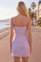 Laden Sie das Bild in den Galerie-Viewer, Rosa Bodycon Spaghetti-Träger Strasssteinen Blumen Kurzes Abendkleid mit Schleife