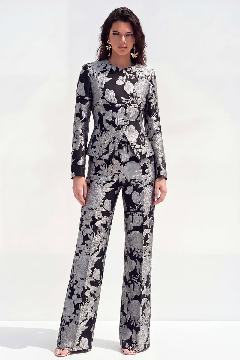 Laden Sie das Bild in den Galerie-Viewer, Grüne Blume Zweiteilige Rundhals Jacquard Damenanzüge