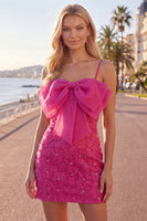 Laden Sie das Bild in den Galerie-Viewer, Rosa Bodycon Spaghetti-Träger Strasssteinen Blumen Kurzes Abendkleid mit Schleife