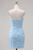 Laden Sie das Bild in den Galerie-Viewer, Rosa Bodycon Spaghetti-Träger Strasssteinen Blumen Kurzes Abendkleid mit Schleife