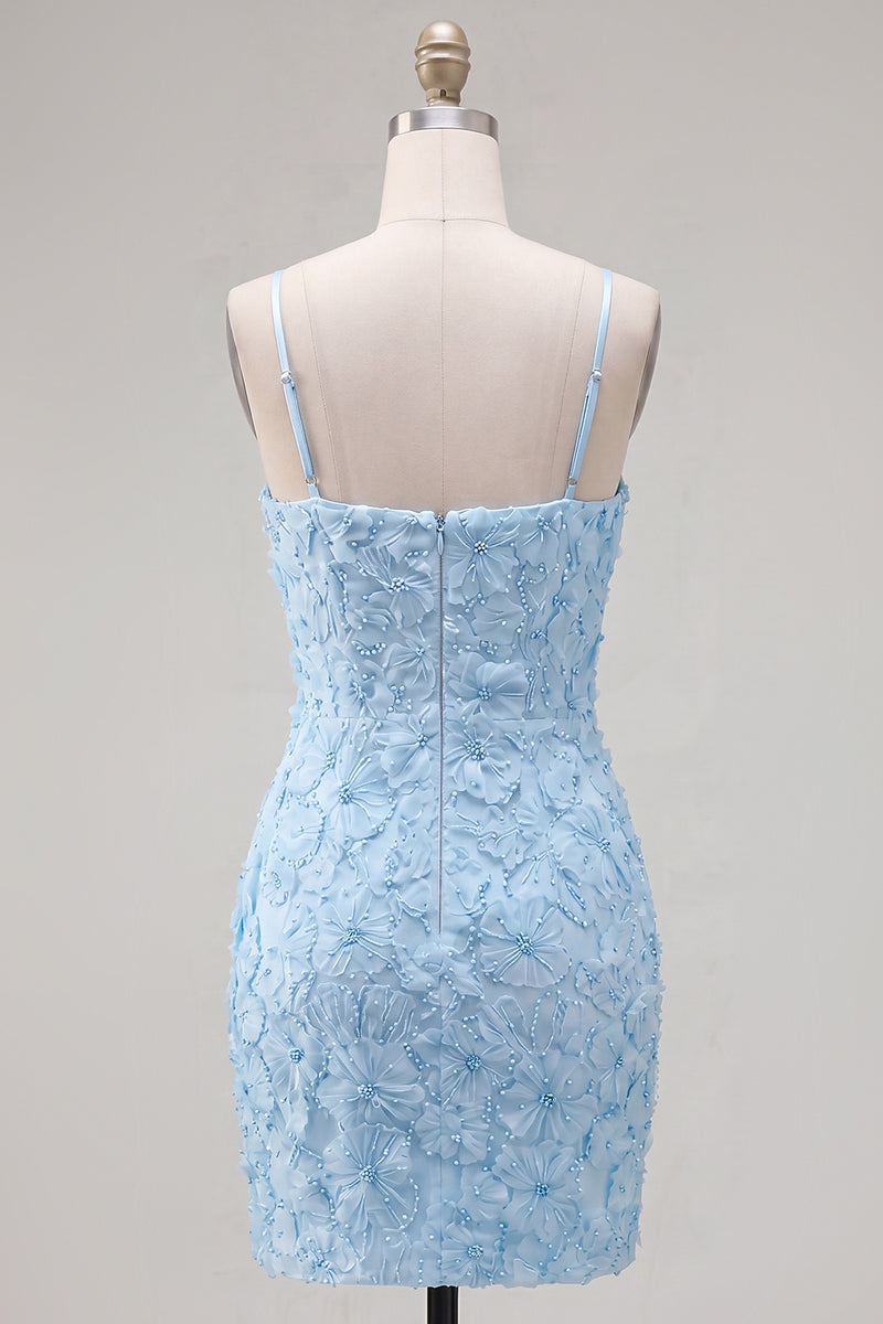 Laden Sie das Bild in den Galerie-Viewer, Rosa Bodycon Spaghetti-Träger Strasssteinen Blumen Kurzes Abendkleid mit Schleife