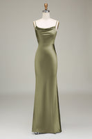 Laden Sie das Bild in den Galerie-Viewer, Staubblaues Spaghettiträger Etui Satin Langes Brautjungfernkleid