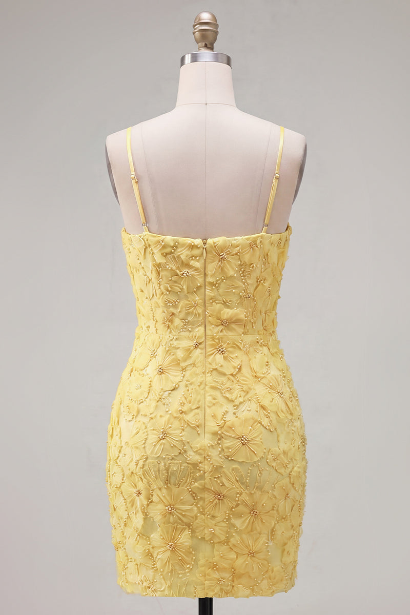 Laden Sie das Bild in den Galerie-Viewer, Rosa Bodycon Spaghetti-Träger Strasssteinen Blumen Kurzes Abendkleid mit Schleife