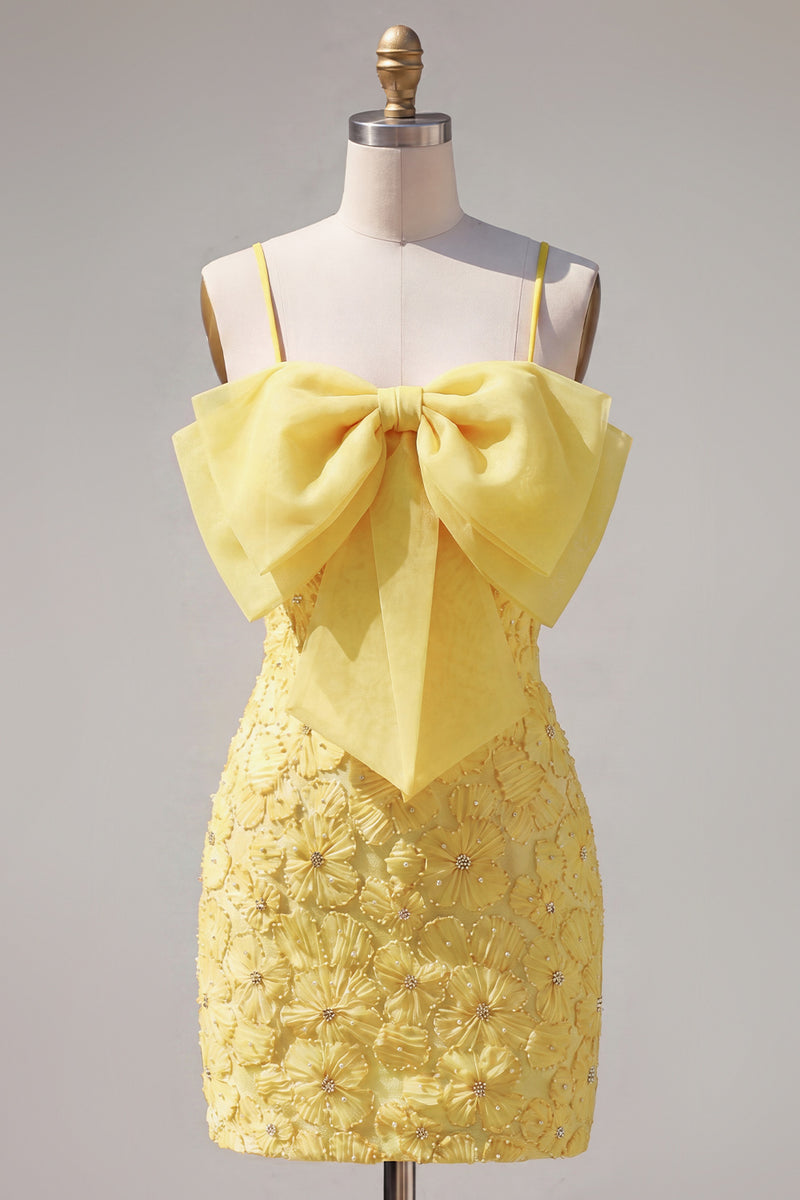 Laden Sie das Bild in den Galerie-Viewer, Rosa Bodycon Spaghetti-Träger Strasssteinen Blumen Kurzes Abendkleid mit Schleife