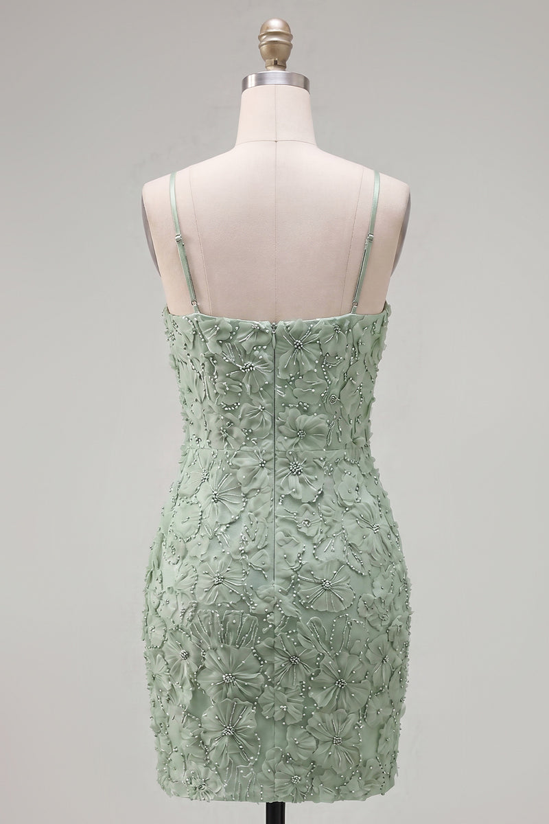 Laden Sie das Bild in den Galerie-Viewer, Rosa Bodycon Spaghetti-Träger Strasssteinen Blumen Kurzes Abendkleid mit Schleife