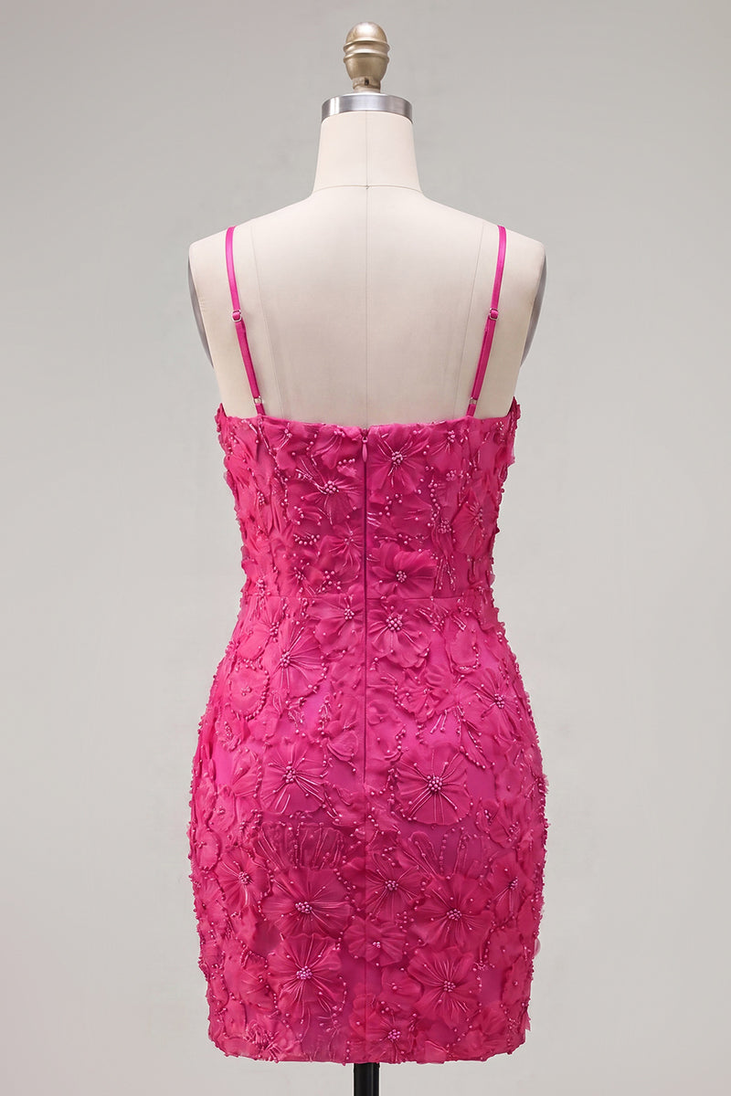 Laden Sie das Bild in den Galerie-Viewer, Rosa Bodycon Spaghetti-Träger Strasssteinen Blumen Kurzes Abendkleid mit Schleife