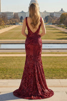 Laden Sie das Bild in den Galerie-Viewer, Glitzerndes Marineblaues Langes Meerjungfrauen Pailletten Ballkleid mit offenem Rücken und Schlitz