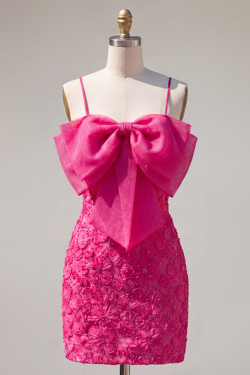 Laden Sie das Bild in den Galerie-Viewer, Rosa Bodycon Spaghetti-Träger Strasssteinen Blumen Kurzes Abendkleid mit Schleife