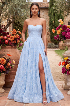 Blaues A-Line-Trägerloses langes Abschlussballkleid mit Blumenperlen und Schlitz