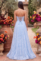 Laden Sie das Bild in den Galerie-Viewer, Blaues A-Line-Trägerloses langes Abschlussballkleid mit Blumenperlen und Schlitz
