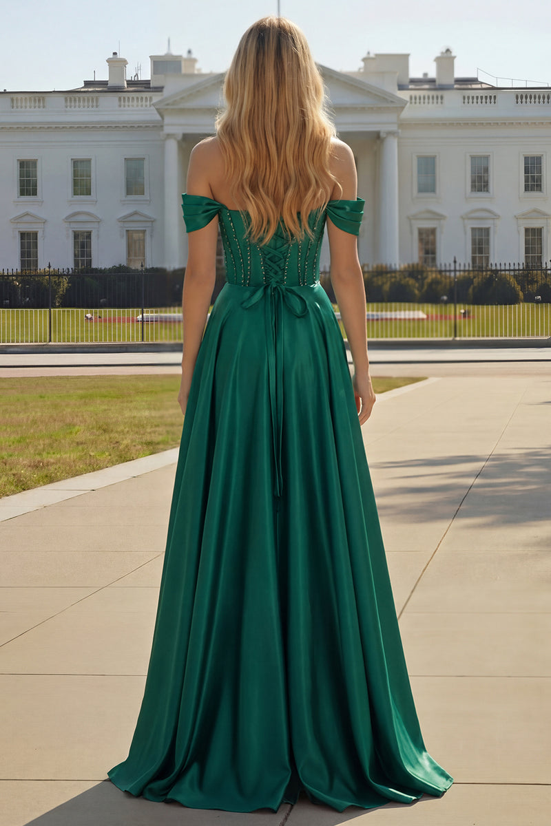 Laden Sie das Bild in den Galerie-Viewer, Schulterfreies Perlt Lila Korsett Langes Ballkleid mit Schlitz