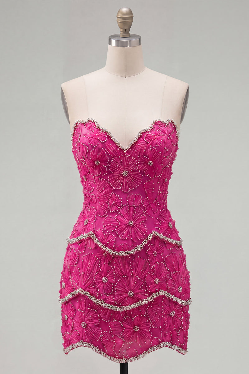 Laden Sie das Bild in den Galerie-Viewer, Sweetheart Rosa Bodycon Kurzes Abendkleid mit Strasssteinen