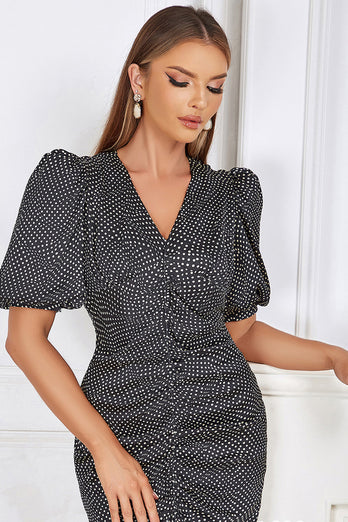 Schwarzes figurbetontes formelles Polka-Dot V-Ausschnitt Kleid mit Puffärmeln