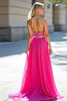 Laden Sie das Bild in den Galerie-Viewer, Fuchsia Strass Trägerloses A-Linie Tüll Ballkleid mit Schlitz