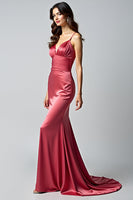 Laden Sie das Bild in den Galerie-Viewer, Wassermelone Meerjungfrau Spaghettiträger Langes Brautjungfernkleid