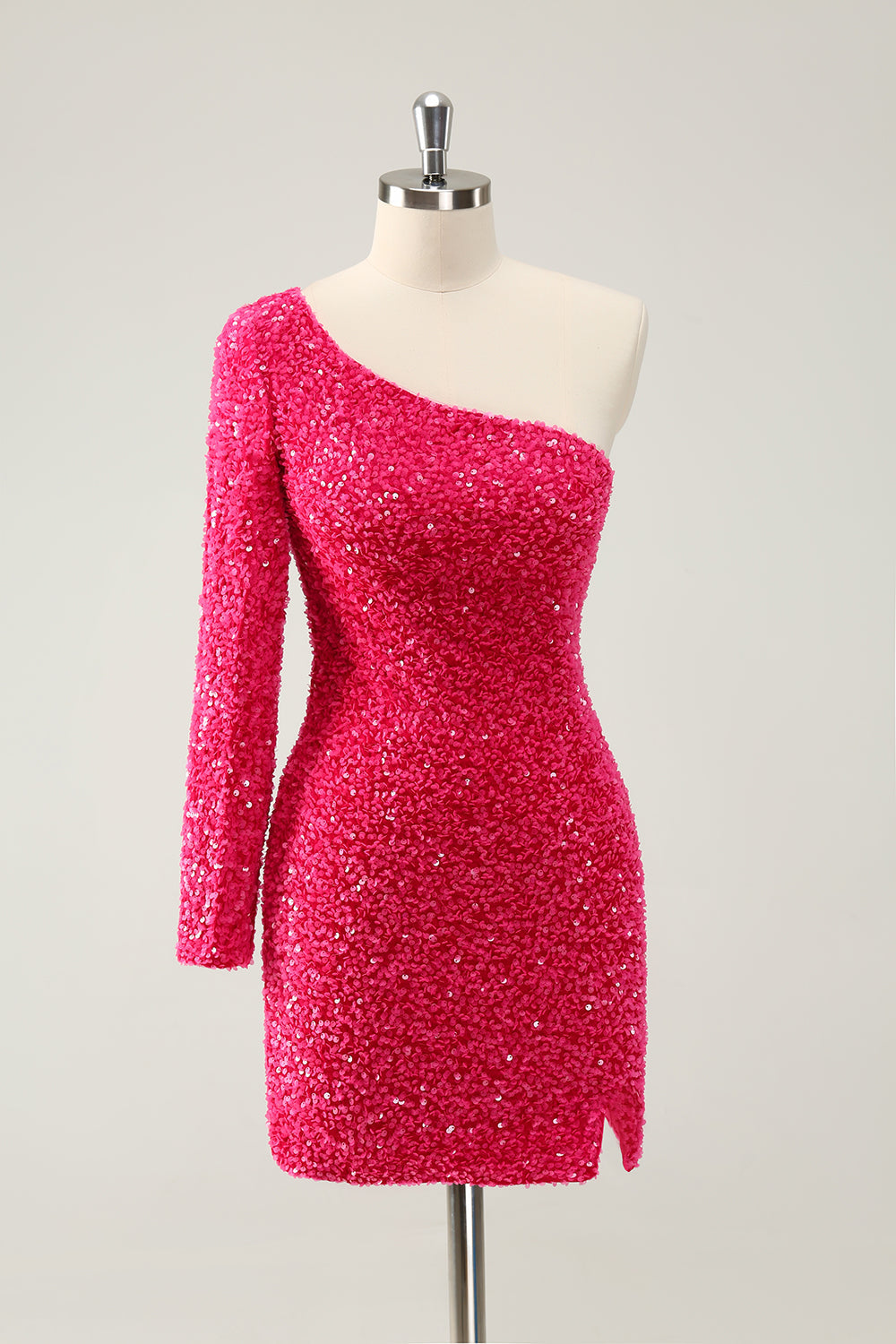 Fuchsia Ein Schulter Glitzer Pailletten Abiballkleid mit Schlitz