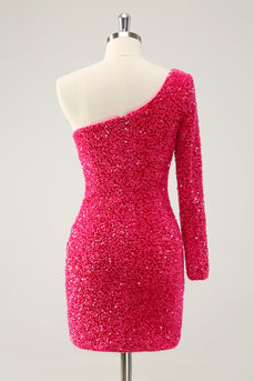 Fuchsia Ein Schulter Glitzer Pailletten Abiballkleid mit Schlitz