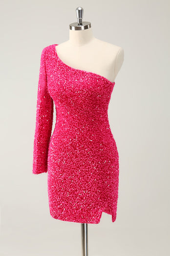 Fuchsia Ein Schulter Glitzer Pailletten Abiballkleid mit Schlitz