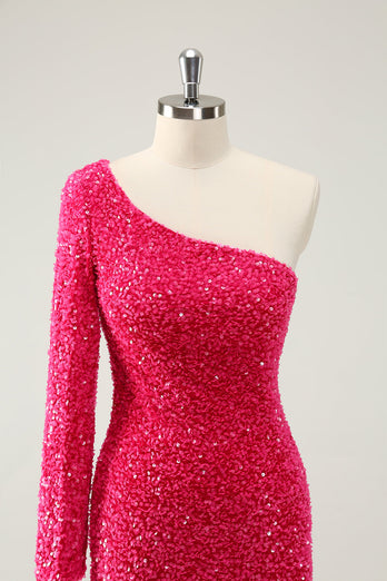 Fuchsia Ein Schulter Glitzer Pailletten Abiballkleid mit Schlitz