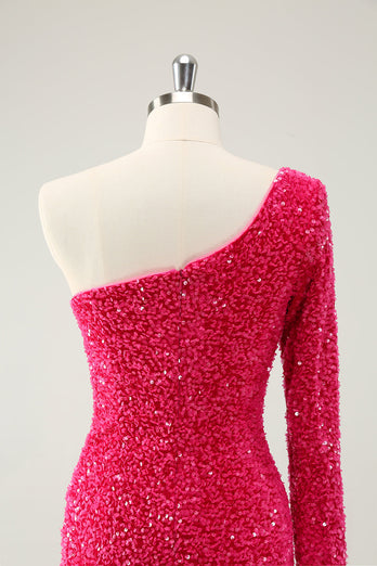 Fuchsia Ein Schulter Glitzer Pailletten Abiballkleid mit Schlitz