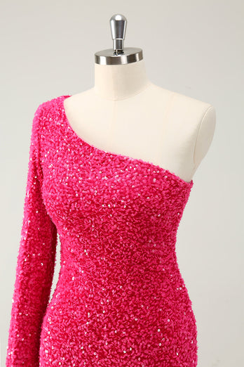 Fuchsia Ein Schulter Glitzer Pailletten Abiballkleid mit Schlitz