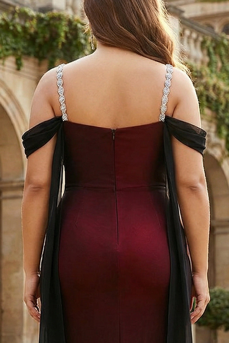 Laden Sie das Bild in den Galerie-Viewer, Schwarzes Rotes Kaltschulter Scheiden Lange Plus-Size Brautjungfernkleid