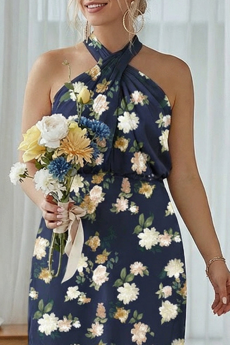 Laden Sie das Bild in den Galerie-Viewer, Scheide Halter Blaue Weißblume Plus-Size Bedrucktes Langes Brautjungfernkleid