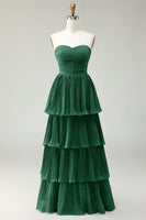 Laden Sie das Bild in den Galerie-Viewer, Blush Rosa Trägerloses Plissiertes Gestuftes Langes Brautjungfernkleid in A-Linie