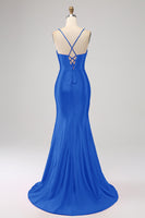 Laden Sie das Bild in den Galerie-Viewer, Meerjungfrauen Spaghettiträger  Fuchsia Korsett Ballkleid mit Schlitz