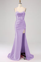 Laden Sie das Bild in den Galerie-Viewer, Meerjungfrauen Spaghettiträger  Fuchsia Korsett Ballkleid mit Schlitz