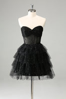 Laden Sie das Bild in den Galerie-Viewer, Glitzerndes süßes A-Linie Herzausschnitt Schwarzes Cocktailkleid