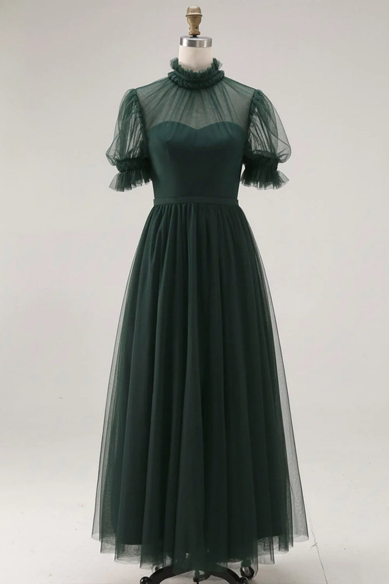 Laden Sie das Bild in den Galerie-Viewer, Dunkelgrünes A-Linie Hochhals Tüll Midi Kleid mit kurzen Ärmeln