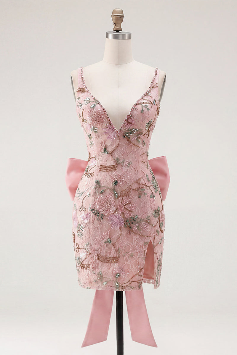 Laden Sie das Bild in den Galerie-Viewer, Rosa V-Ausschnitt Bodycon Florales Kurzes Abendkleid mit Schlitz
