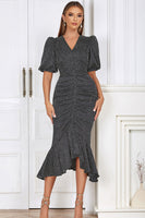 Laden Sie das Bild in den Galerie-Viewer, Schwarzes Figurbetontes Polka-Dot V-Ausschnitt Partykleid mit Puffärmeln