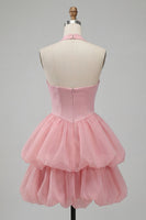 Laden Sie das Bild in den Galerie-Viewer, Rosa Neckholderhals Rüschen A-Linie Kurzes Abendkleid