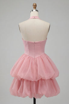 Rosa Neckholderhals Rüschen A-Linie Kurzes Abendkleid