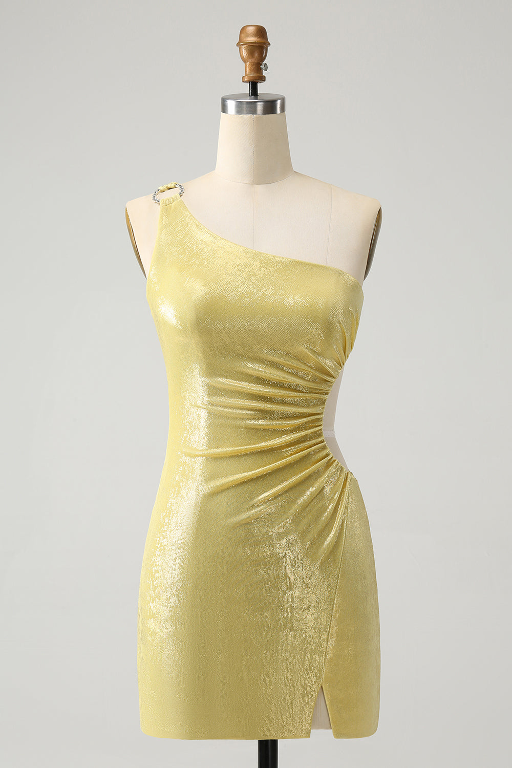 Stilvolles gelbes figurbetontes kurzes Abiballkleid mit einer Schulter und Aushöhlung