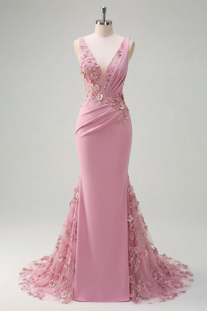 Laden Sie das Bild in den Galerie-Viewer, Meerjungfrauen-Taro V-Ausschnitt, gerafftes langes Abschlussballkleid mit appliquierten 3D-Blumen