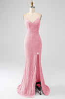Laden Sie das Bild in den Galerie-Viewer, Fuchsia Meerjungfrau Spaghettiträger V-Ausschnitt Pailletten Ballkleid mit Schlitz