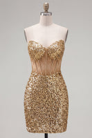 Laden Sie das Bild in den Galerie-Viewer, Glitzerndes goldenes Bodycon, Sweetheart, transparentes Korsett, Pailletten, Homecoming-Kleid