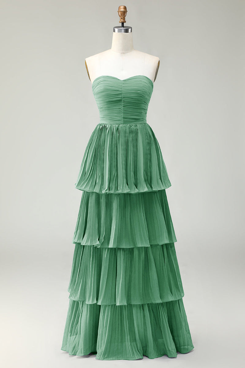 Laden Sie das Bild in den Galerie-Viewer, Blush Rosa Trägerloses Plissiertes Gestuftes Langes Brautjungfernkleid in A-Linie