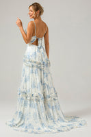 Laden Sie das Bild in den Galerie-Viewer, Grünes Tüll A-Linie Spaghettiträger langes Brautjungfernkleid mit Rüschen