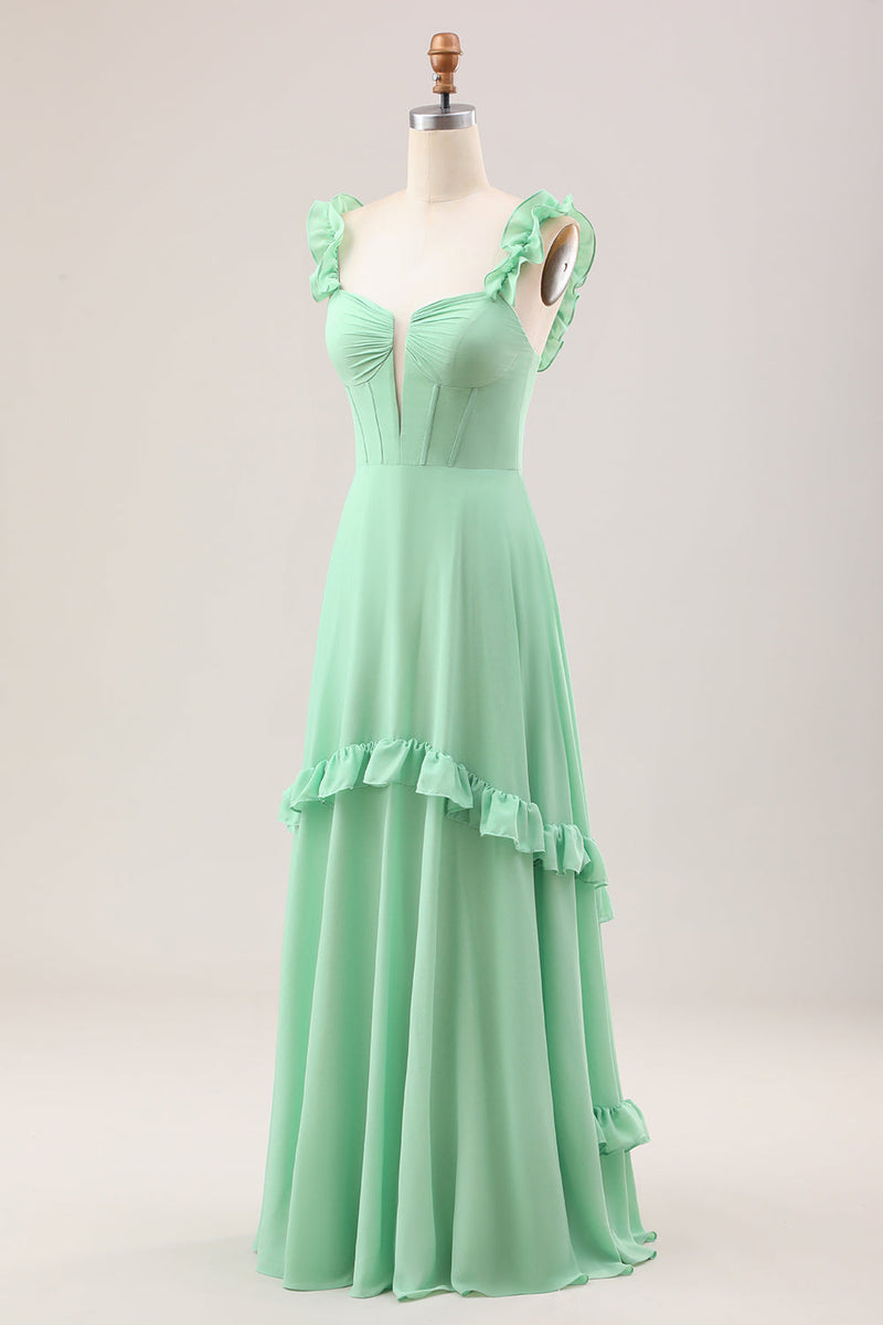 Laden Sie das Bild in den Galerie-Viewer, Grünes schulterfreies Korsett Brautjungfernkleid mit Rüschen