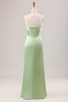 Grünes Etui korsett trägerloses langes Brautjungfernkleid mit Schlitz