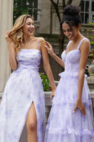 Laden Sie das Bild in den Galerie-Viewer, Lavendelblume A-Linie Spaghettiträger Langes Brautjungfernkleid mit Schlitz