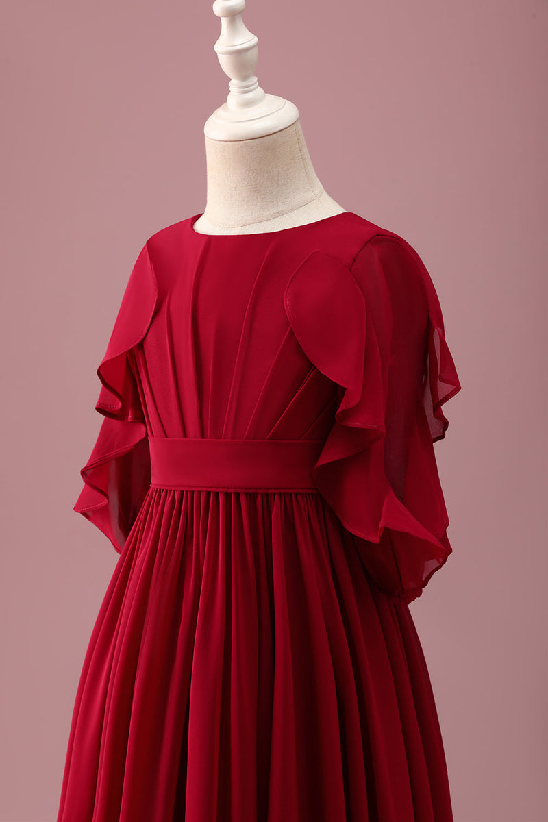 Laden Sie das Bild in den Galerie-Viewer, Burgundy A-Linie Chiffon Langes Junior-Brautjungfernkleidkleid mit Rundhalsausschnitt und halben Ärmeln