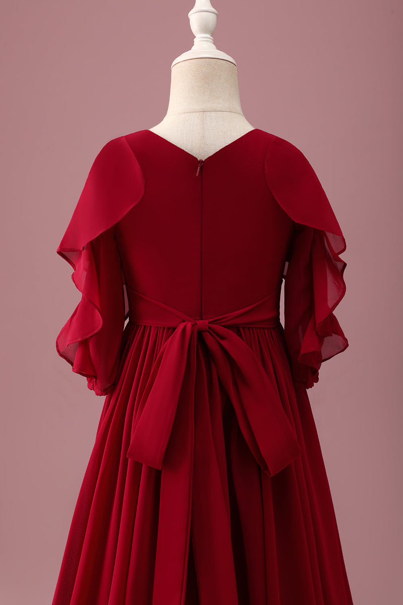 Laden Sie das Bild in den Galerie-Viewer, Burgundy A-Linie Chiffon Langes Junior-Brautjungfernkleidkleid mit Rundhalsausschnitt und halben Ärmeln