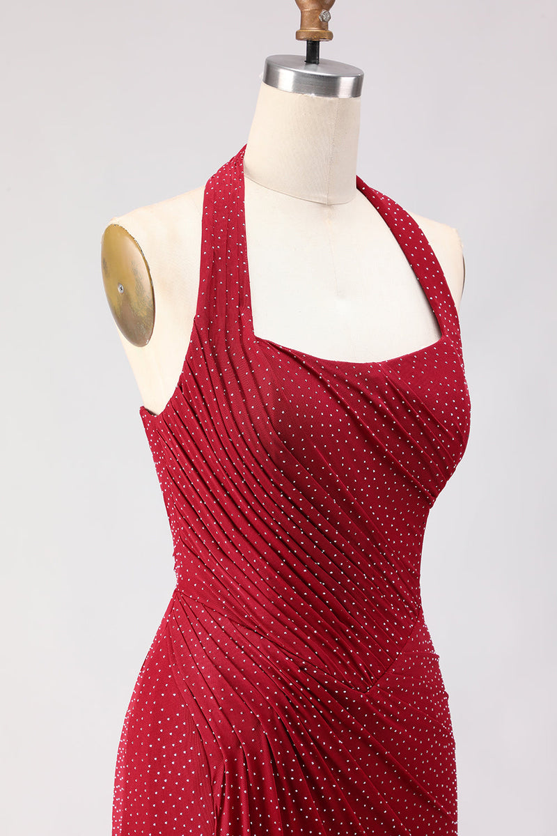 Laden Sie das Bild in den Galerie-Viewer, Dunkelrotes Perlen Besetztes Meerjungfrauen Langes Ballkleid mit Schlitz