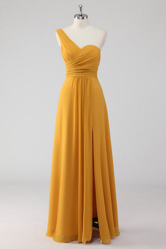 Gelbes Eine Schulter Langes Brautjungfernkleid mit Schlitz